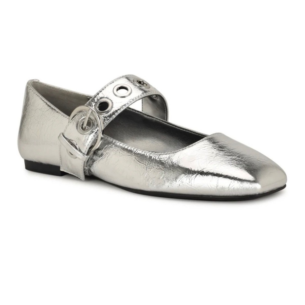Nine West Kebba Silver Metallic Mary Jane Square Toe Ballet Flats Womens 10 New
